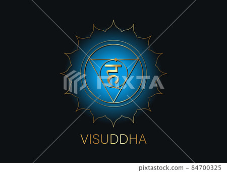 fifth Throat chakra visuddha with the Hindu Sanskrit seed mantra Vam. Blue and gold flat design style symbol for meditation, yoga. Round Logo template Vector isolated on black background fifth Throat chakra visuddha with the Hindu Sanskrit seed mantra Vam. Blue and gold flat design style symbol for meditation, yoga. Round Logo template Vector isolated on black background 84700325