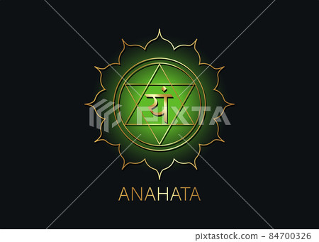 Anahata Fourth chakra with the Hindu Sanskrit seed mantra Vam. green is a flat design style symbol for meditation, yoga. Gold Logo template Vector isolated on black background Anahata Fourth chakra with the Hindu Sanskrit seed mantra Vam. green is a flat design style symbol for meditation, yoga. Gold Logo template Vector isolated on black background 84700326