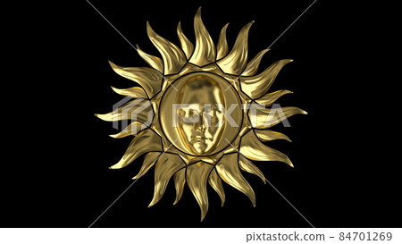 The golden sun. The rays rotate in a circle. On a black background. 3D render 84701269