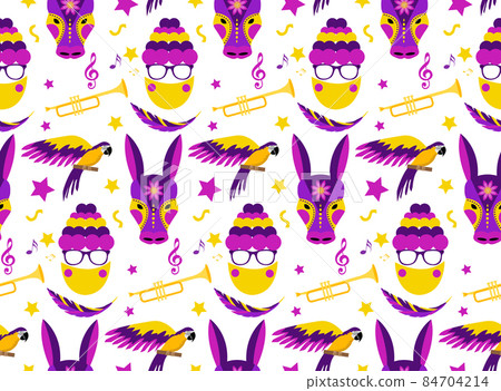 Barranquilla Carnival seamless pattern. Colombian carnaval party endless texture, background, wallpaper. Vector illustration Barranquilla Carnival seamless pattern. Colombian carnaval party endless texture, background, wallpaper. Vector illustration 84704214