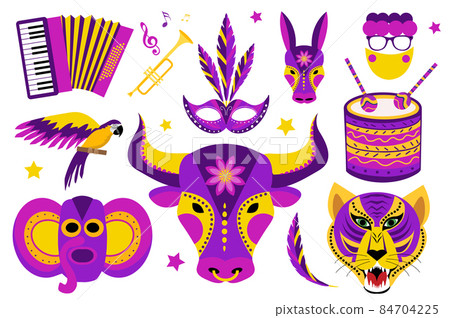 Barranquilla Carnival icons set. Colombian carnaval party collection of design elements with masks, button accordion, drum. For posters, flyers your design template. Vector illustration Barranquilla Carnival icons set. Colombian carnaval party collection of design elements with masks, button accordion, drum. For posters, flyers your design template. Vector illustration 84704225