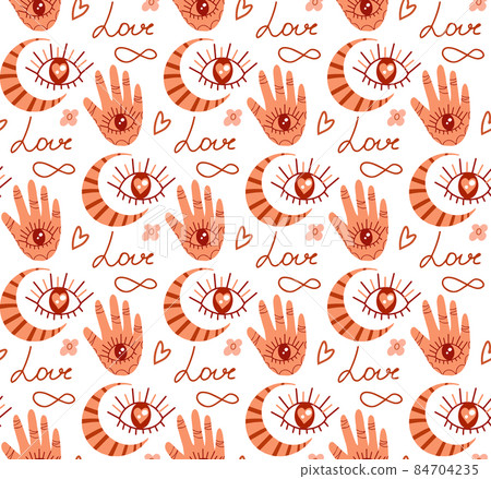 Boho love pattern. Folk mystical tarot ornament. Heart doodle endless texture. Valentines day, romance. Vector illustration Boho love pattern. Folk mystical tarot ornament. Heart doodle endless texture. Valentines day, romance. Vector illustration 84704235
