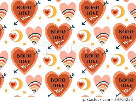 Boho love pattern. Folk mystical tarot ornament. Heart rainbow doodle endless texture. Valentines day, romance. Vector illustration 84704239