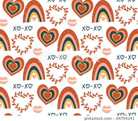 Boho love pattern. Folk mystical tarot ornament. Heart rainbow doodle endless texture. Valentines day, romance. Vector illustration Boho love pattern. Folk mystical tarot ornament. Heart rainbow doodle endless texture. Valentines day, romance. Vector illustration 84704241