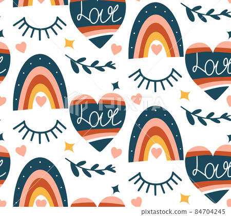 Boho love pattern. Folk mystical tarot ornament. Heart rainbow doodle endless texture. Valentines day, romance. Vector illustration Boho love pattern. Folk mystical tarot ornament. Heart rainbow doodle endless texture. Valentines day, romance. Vector illustration 84704245