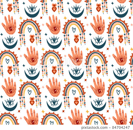 Boho love pattern. Folk mystical tarot ornament. Heart rainbow doodle endless texture. Valentines day, romance. Vector illustration Boho love pattern. Folk mystical tarot ornament. Heart rainbow doodle endless texture. Valentines day, romance. Vector illustration 84704247