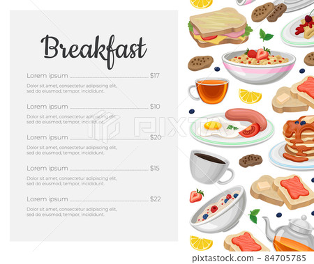 Restaurant or cafe breakfast menu design template. Fresh and nutritious morning food brochure vector illustration Restaurant or cafe breakfast menu design template. Fresh and nutritious morning food brochure vector illustration 84705785