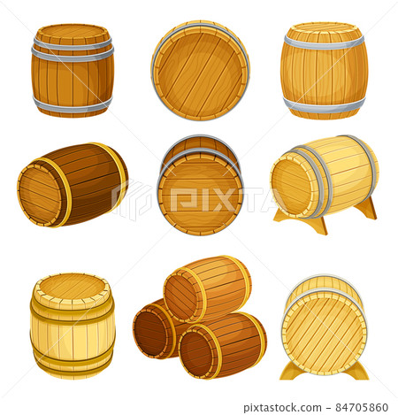 Wooden barrels for wine or beer set. Oak casks for storing alcoholic beverages vector illustration 84705860