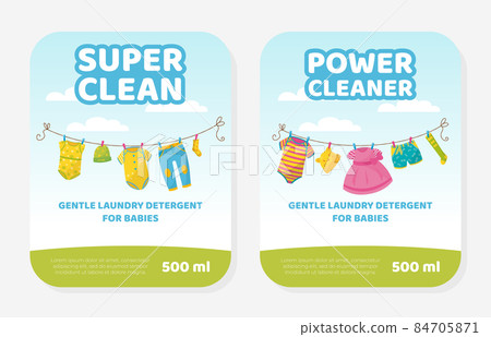 Super clean gentle laundry detergent for babies labels set. Eco-friendly detergent for washing children clothes vector illustration Super clean gentle laundry detergent for babies labels set. Eco-friendly detergent for washing children clothes vector illustration 84705871