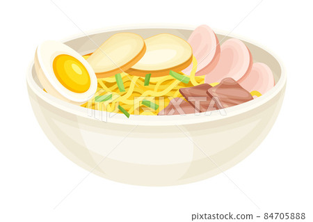 Bowl of noodles. Traditional Asian meal with egg, meat and vegetables vector illustration Bowl of noodles. Traditional Asian meal with egg, meat and vegetables vector illustration 84705888
