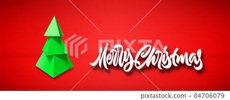 Christmas card with green 3D tree and Xmas lettering for winter holidays celebration 84706079