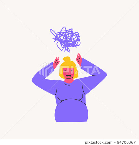 Annoyed pregnant woman screams, a tangle of thoughts over her head. Problems associated with expecting a baby. Vector cartoon illustration of purple, yellow, pink colors. 84706367