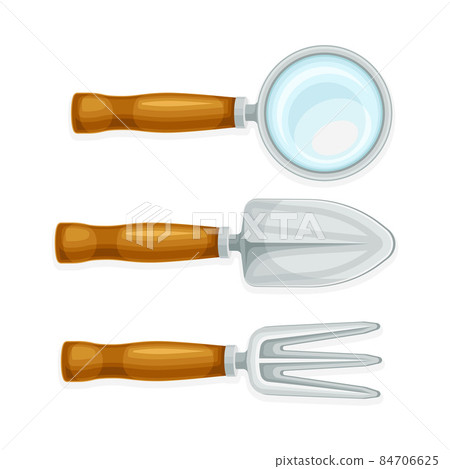 Archaeological excavation tools. Magnifying glass, scoop and rake vector illustration 84706625