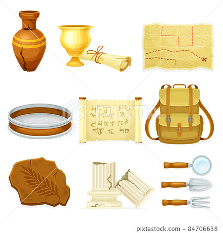 Archeological tools and artifacts set. Ancient papyrus, ruined marble pillar, archeological map, vase vector illustration Archeological tools and artifacts set. Ancient papyrus, ruined marble pillar, archeological map, vase vector illustration 84706638
