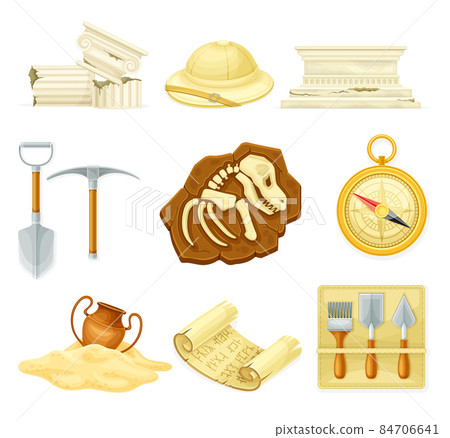 Archeological tools and artifacts set. Shovel, pickaxe, ancient papyrus, ruined marble pillar vector illustration 84706641