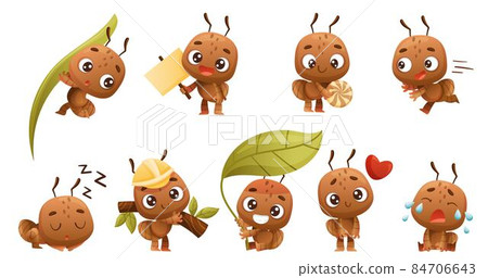 Cute little ant baby doing various activities set. Brown insect cartoon character vector illustration Cute little ant baby doing various activities set. Brown insect cartoon character vector illustration 84706643