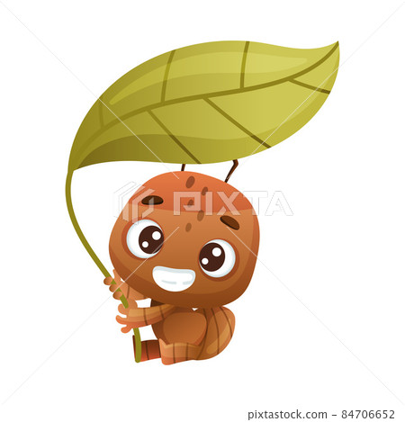 Cute brown little ant sitting under green leaf. Funny insect cartoon character vector illustration Cute brown little ant sitting under green leaf. Funny insect cartoon character vector illustration 84706652