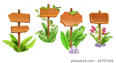 Wooden sign board tropical set, vector timber road pointer frames, jungle exotic leaf liana on white 84707308
