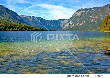 Picturesque view of the mountain lake in autumn. Picturesque view of the mountain lake in autumn. 84707590