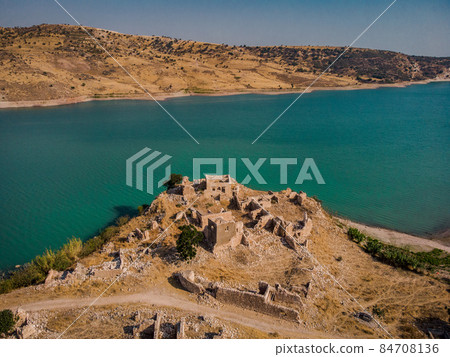 Abandoned Foinikas Village in Cyprus, Aerial Drone Shot, Top View, Asprokremmos Reservoir 84708136