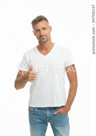 I put my thumb for you. Happy man give thumb. Handsome man show approval sign I put my thumb for you. Happy man give thumb. Handsome man show approval sign 84708147