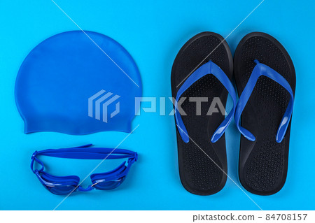 Flat lay composition with tablet and different office items on white background 84708157