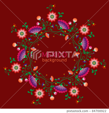 Embroidery mandala flowers folk pattern with Polish and Mexican influence. Trendy ethnic decorative traditional floral round frame design, for fashion, interior, stationery. Vector isolated on red Embroidery mandala flowers folk pattern with Polish and Mexican influence. Trendy ethnic decorative traditional floral round frame design, for fashion, interior, stationery. Vector isolated on red 84708922