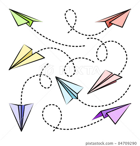 Various hand drawn paper planes. Colorful doodle airplanes with dotted route line. Aircraft icon 84709290