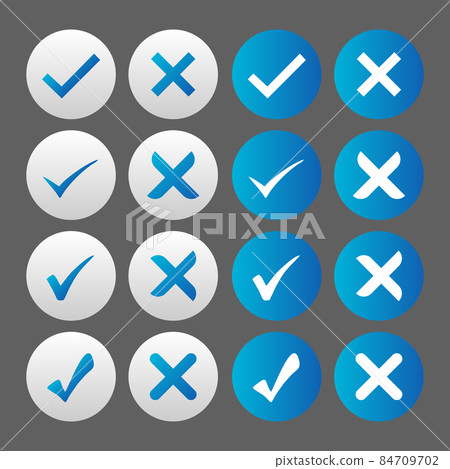 Set of blue and white check mark buttons in neomorphism (neumorphism) style. Set of blue and white check mark buttons in neomorphism (neumorphism) style. 84709702