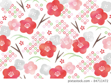 花,如可愛的紅色和粉紅色李子日本圖案水彩 花,如可愛的紅色和粉紅色李子日本圖案水彩 84711472
