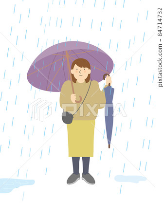 A woman welcoming you with an umbrella in the rain A woman welcoming you with an umbrella in the rain 84714732
