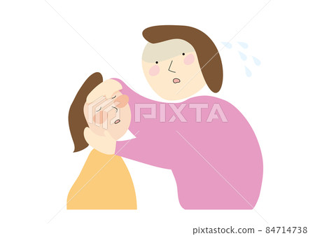 A child with a fever and a mother in a hurry with the child's fever 84714738