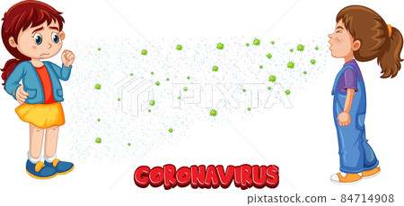 Coronavirus font in cartoon style with a girl look at her friend sneezing isolated on white background Coronavirus font in cartoon style with a girl look at her friend sneezing isolated on white background 84714908