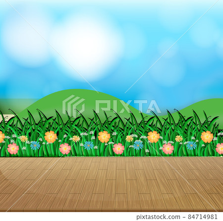 Nature background with flower field and green... - Stock Illustration ...