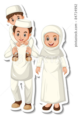 Sticker template with Muslim family cartoon character 84714992