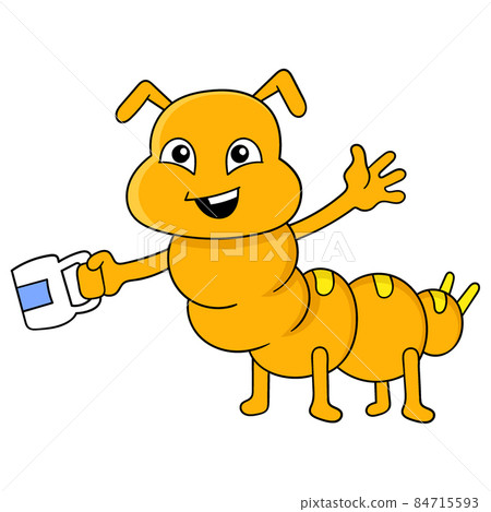 cute yellow caterpillar carrying a glass of drink, doodle icon image kawaii 84715593