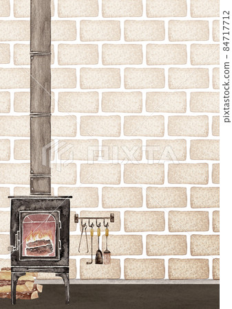 Wood stove fireplace background frame watercolor illustration Wood stove fireplace background frame watercolor illustration 84717712