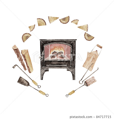 Wood stove fireplace tool set watercolor illustration Wood stove fireplace tool set watercolor illustration 84717715