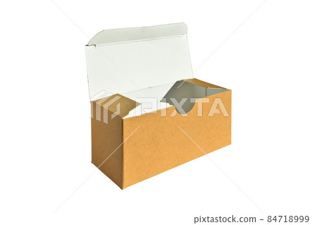 Rectangular cardboard box with open lid of corrugated cardboard isolated on white background Rectangular cardboard box with open lid of corrugated cardboard isolated on white background 84718999