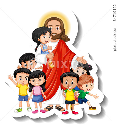 Jesus Christ with children group sticker on white background Jesus Christ with children group sticker on white background 84719122