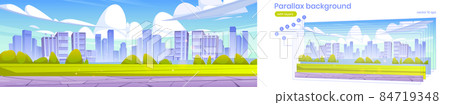 Parallax background with cityscape and green lawn Parallax background with cityscape and green lawn 84719348