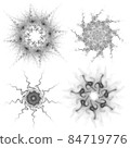 Set of four black snowflakes on a white background. Abstract computer generated fractal image of a snowflake. Illustration, isolate. Use as a stamp or brush 84719776