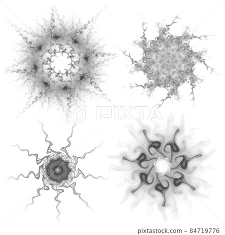 Set of four black snowflakes on a white background. Abstract computer generated fractal image of a snowflake. Illustration, isolate. Use as a stamp or brush Set of four black snowflakes on a white background. Abstract computer generated fractal image of a snowflake. Illustration, isolate. Use as a stamp or brush 84719776