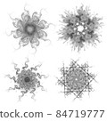 Set of four black snowflakes on a white background. Abstract computer generated fractal image of a snowflake. Illustration, isolate. Use as a stamp or brush 84719777