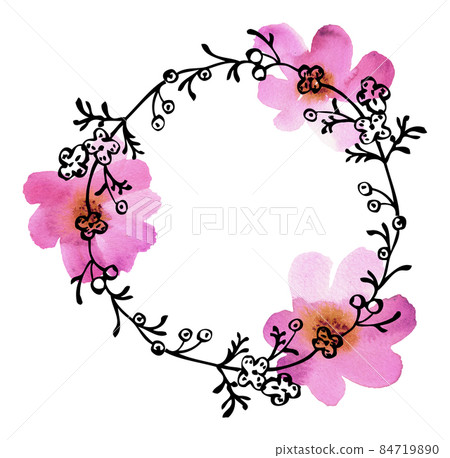 Round floral frame. Watercolor and ink hand... - Stock Illustration ...