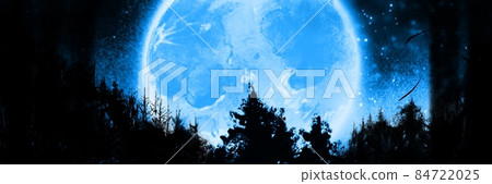 Illustration of a shining full moon and starry sky over the deep forests of Scandinavia Moon and starry sky background 84722025