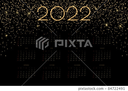 2022 calendar with luxury gold shiny glitter and flares, rich horizontal design for wall or table calendar planner. 2022 calendar with luxury gold shiny glitter and flares, rich horizontal design for wall or table calendar planner. 84722491