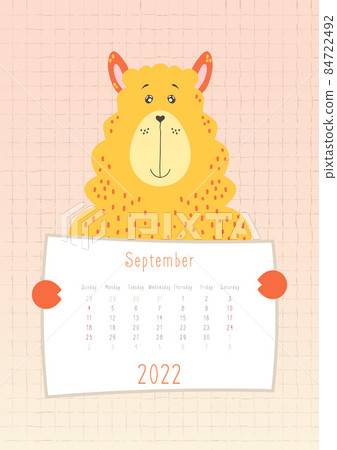 2022 september calendar, cute llama animal holding a monthly calendar sheet, hand drawn childish style. 2022 september calendar, cute llama animal holding a monthly calendar sheet, hand drawn childish style. 84722492