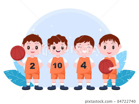 Happy Kids Cartoon Playing Basketball Flat Design Illustration Wearing Basket Uniform in Outdoor Court for Background, Poster or Banner 84722740