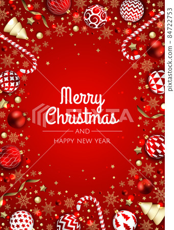 Merry Christmas and Happy New Year. Xmas Festive background with realistic 3d objects, blue and gold balls. Merry Christmas and Happy New Year. Xmas Festive background with realistic 3d objects, blue and gold balls. 84722753